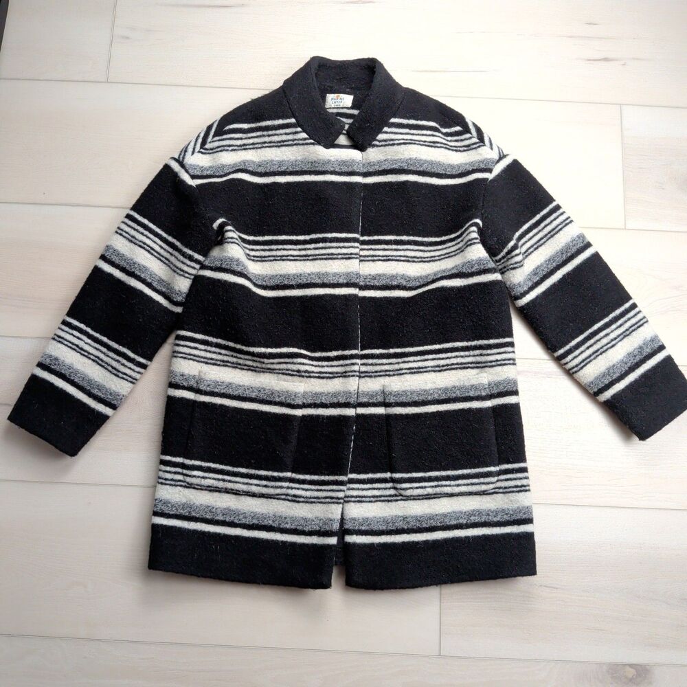 Marine Layer Carey Cocoon Coat Womens XS Wool Blend Black‎ Striped Snap Button
